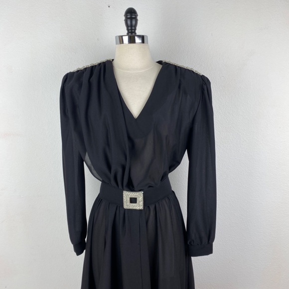 Vintage 80s Black Cocktail Dress Large Silver Beaded Drape Front Evening Formal - Picture 2 of 15